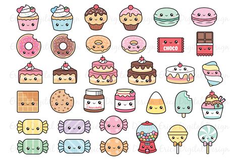 Kawaii Sweets clipart set - 34 cute food images (520385) | Illustrations | Design Bundles