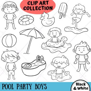 Pool Party Boys Clip Art Collection (BLACK AND WHITE ONLY) by KeepinItKawaii