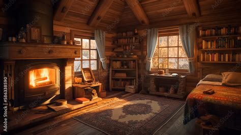 a cozy log cabin large fireplace with books in the library, home, warm, family, lodging ...