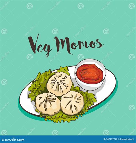 Steamed Momo Dumplings With Red Chile Sauce In A Wooden Basket. Vector ...