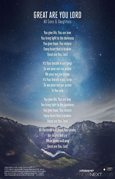 These bones will sing : Great are You Lord! | Christian song lyrics hillsong, Christian song ...