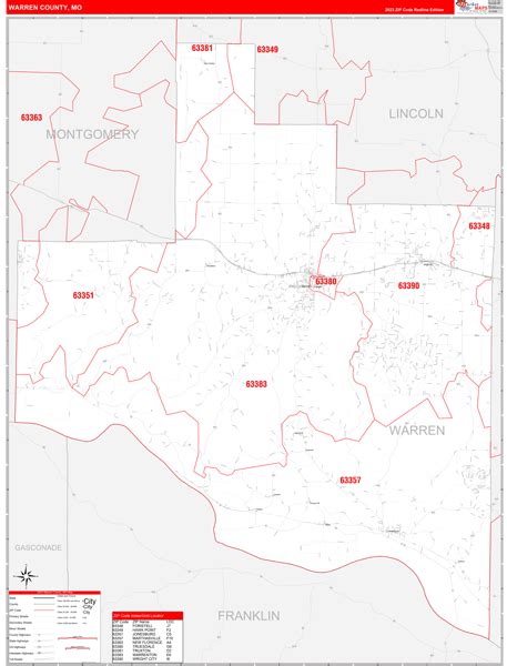 Warren County, MO Zip Code Wall Map Red Line Style by MarketMAPS - MapSales