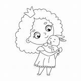 Hand Drawn Cute Little Girl Princess With Rabbit On Hands In  sketch template