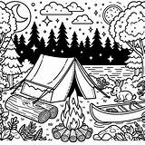 Camping Mit Zelt Lagerfeuer Und Boot Unterm Nachthimmel Ausmalbild  sketch template