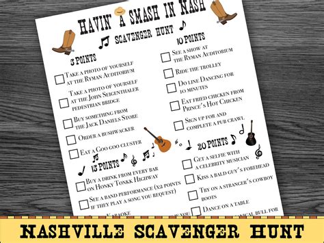 Nashville Scavenger Hunt Scavenger Hunt Bar Scavenger Hunt Party Game Outdoor Party Game ...