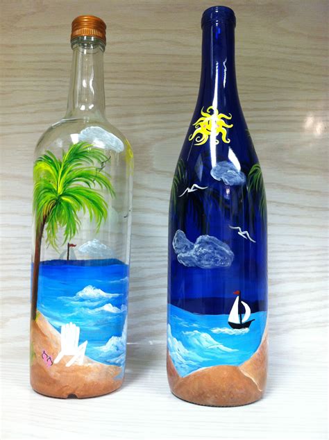 Hand painted bottles, beach scenes. Cobalt blue bottles available. | Bottles decoration, Painted ...