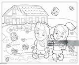 Cartoon Scene Coloring Page With Kids Going To School Sketchbook Stock  sketch template