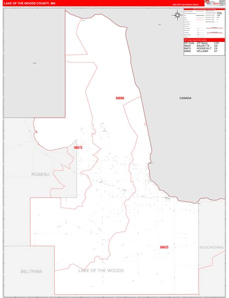 Lake of the Woods County, MN Zip Code Wall Map Red Line Style by MarketMAPS - MapSales