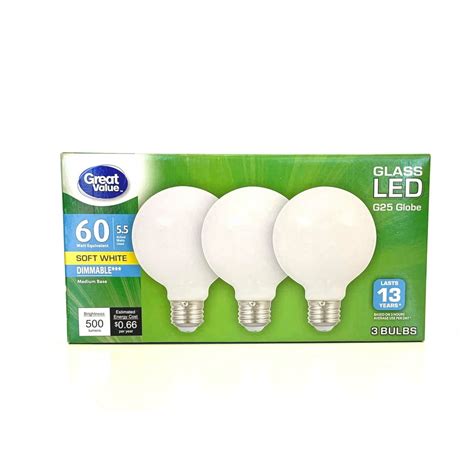 Great Value Glass LED G25 Globe Light Bulbs, 60W, Soft White, 3 Count - Walmart.com - Walmart.com