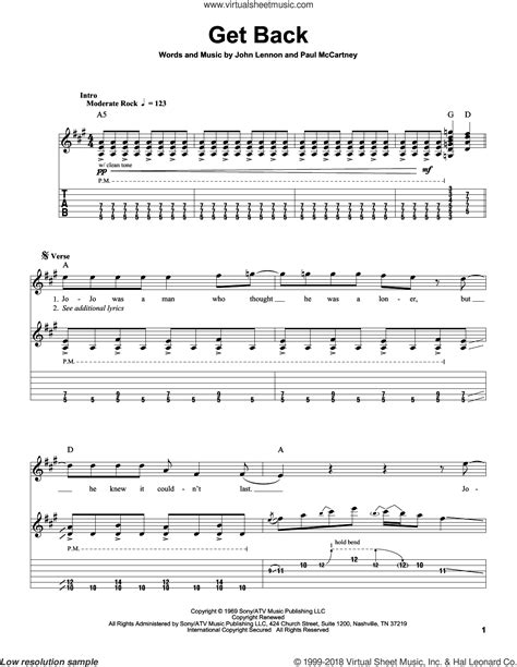 Get Back sheet music for guitar (tablature, play-along) v2