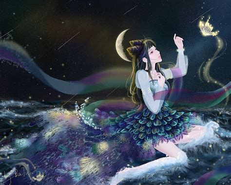 HD wallpaper: women, sea foam, butterfly, silk, moon phases, starry night | Wallpaper Flare