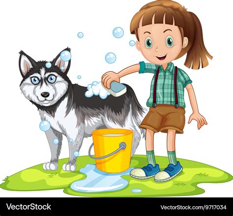 Girl giving bath to pet dog Royalty Free Vector Image