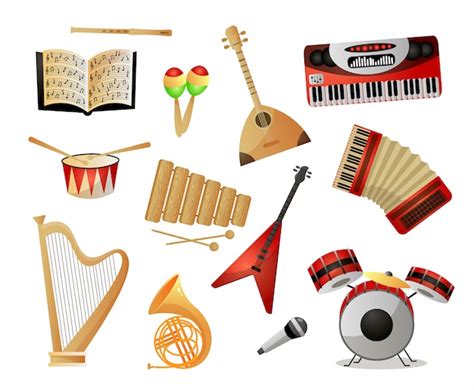 Conjunto de instrumentos musicales modernos o antiguos para la escuela o la universidad ...