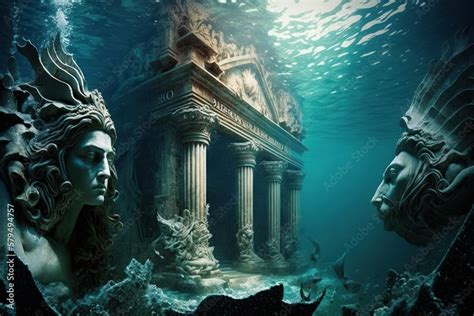 Ancient Atlantis city building with epic sculptures underwater ...