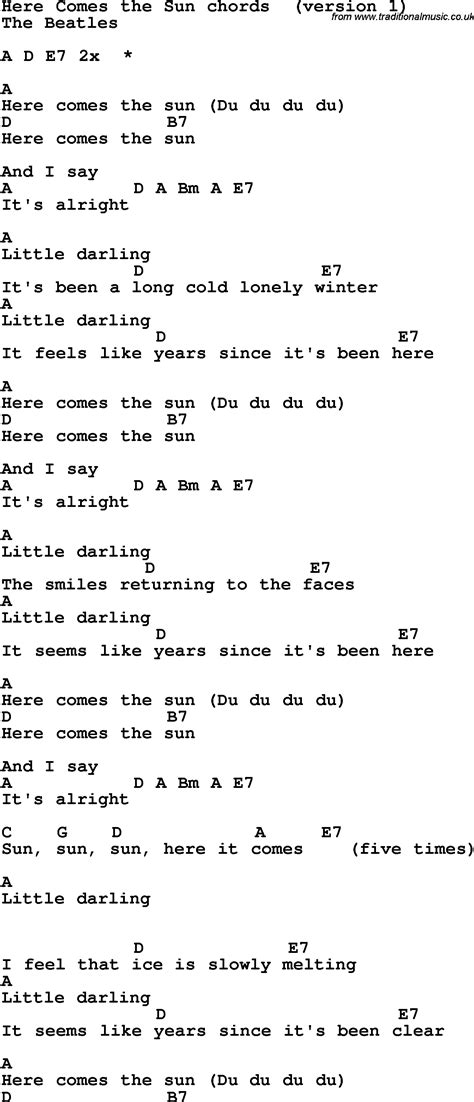 Song Lyrics with guitar chords for Here Comes The Sun - The Beatles ...