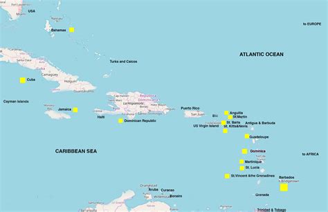 Map of Caribbean with locations for film and photo productions