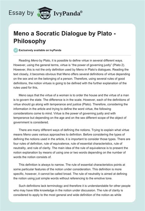 "Meno" a Socratic Dialogue by Plato - Philosophy - 559 Words | Essay Example