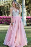 Pink Spaghetti Strap Beading Tulle Prom Dress, Sexy Backless Long ...