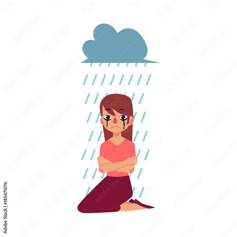 Grief, depression concept sad woman sitting, embracing herself under falling rain, cartoon ...