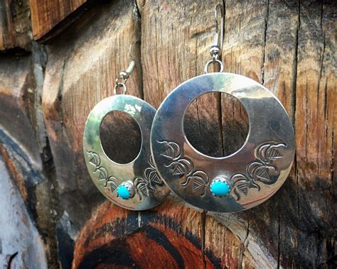 Stamped Sterling Silver Turquoise Hoop Earrings by Navajo Arnold Blackgoat, Native American … in ...