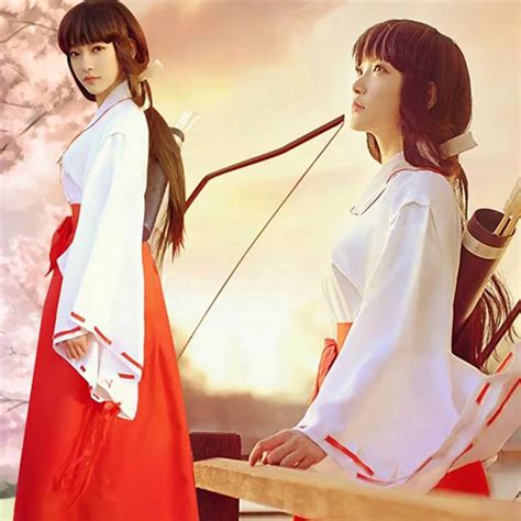 InuYasha Kikyo Miko Kimono Cosplay Costume Japanese Witch Costume Women's White Kimono Red ...