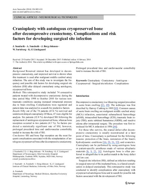 (PDF) Cranioplasty with autologous cryopreserved bone after decompressive craniectomy ...