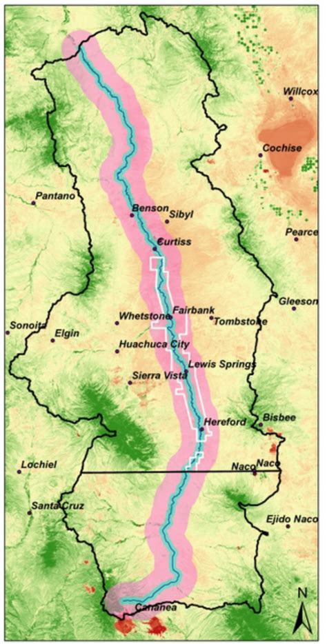 Map of the San Pedro River watershed highlighting the multiple spatial... | Download Scientific ...