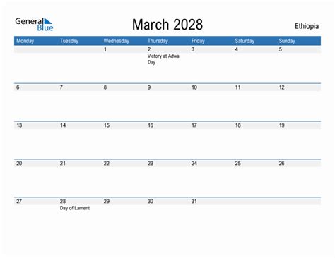 Editable March 2028 Calendar with Ethiopia Holidays