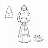 Coloring Page Of One Set Hoodie Long Skirt And Bag and Shoes  sketch template