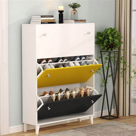 Slim White, Black, and Yellow Shoe Cabinet — Homebnc