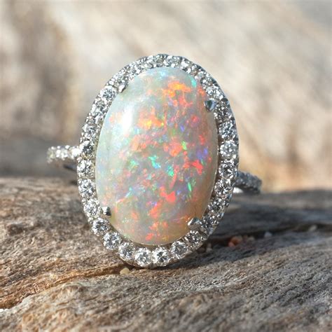 White Gold and Diamond Australian Opal Ring – Rock Angel