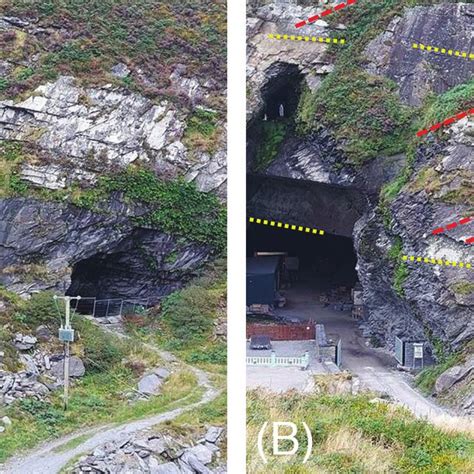 A) Exterior of Valentia Slate quarry; (B) Bedding marked by yellow ...