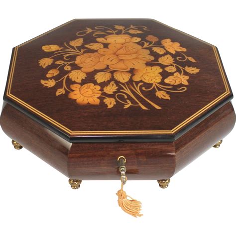 Vintage Sorrento Octagonal Wooden Music Box Inlaid Flowers, Key ...