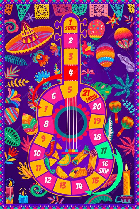 Premium Vector | Kids boardgame. mexican guitar, sombrero, flowers and ...