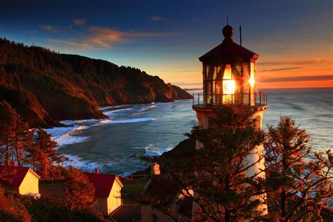 Oregon Coast Sea Lighthouse Sunset Landscape Ocean Sunrise Autumn Cool HD desktop wallpaper ...