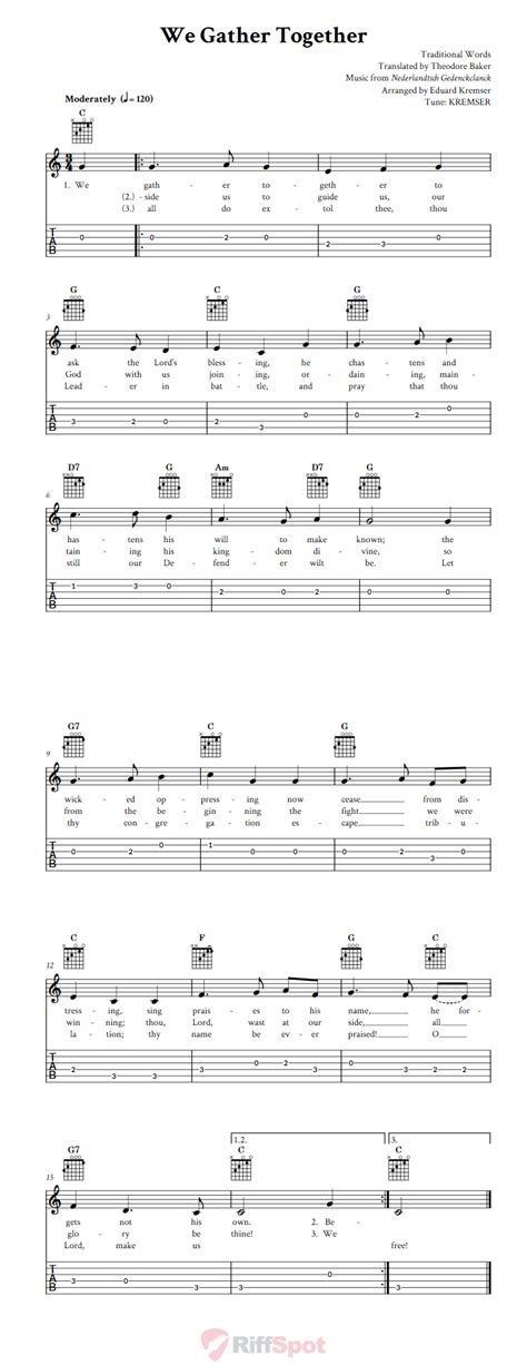 We Gather Together - Easy Guitar Sheet Music and Tab with Chords and Lyrics