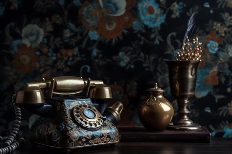 Premium AI Image | A vintage phone sits on a table with a floral wallpaper behind it