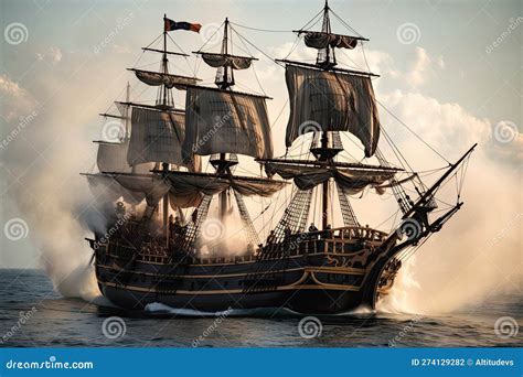 Pirate Ship, with Cannons Firing and Smoke Rising into the Air Stock Illustration - Illustration ...