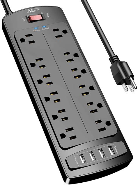 Power Strip , Alestor Surge Protector with 12 Outlets and 4 USB Ports, 6 Feet Extension Cord ...