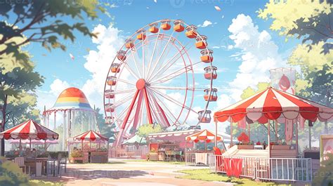 theme park cartoon scene background. Ferris wheel with souvenir shop on ...