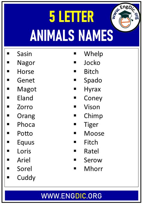 Animals With 5 Letters, Five Letter Animals - EngDic