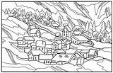 Coloring Book  Lovely Landscapemountains And Village In Winter Valley sketch template