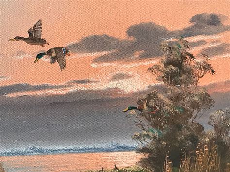 Stunning Oil Painting Of Duck Flight At Sunset Over The Estuary By Glen Brouwer