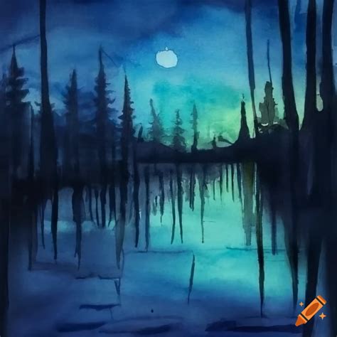 Watercolor painting of a peaceful marsh at night on Craiyon