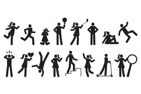 Stickman characters. Black silhouette people, man and woman,