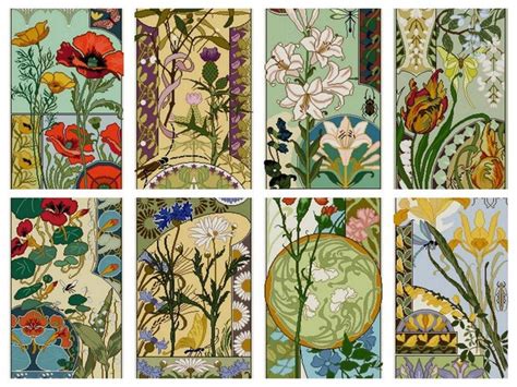 Set A 8 Art Nouveau Floral Cross stitch Patterns pdf / Carnation / Lily / Poppy / Thistle ...