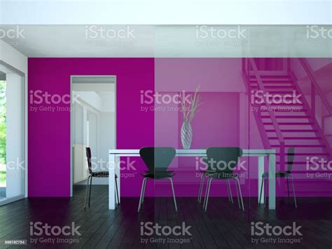 Modern Dining Room Interior Design Big Table Behind Glas Stock Photo - Download Image Now - iStock