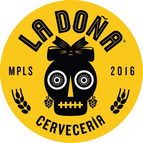 the logo for la dona mpls cerveceria, with a skull wearing a bow