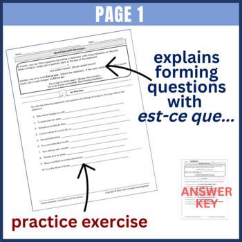 Questions using Est-ce que... FRENCH Grammar Worksheet - Level 1