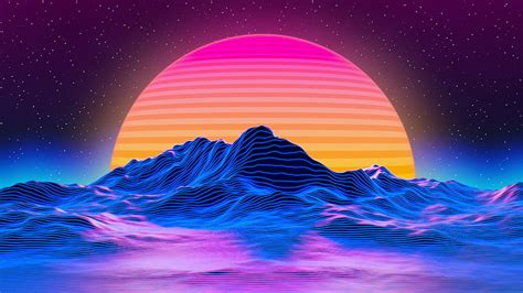 Mountains, landscape, retro art, big sun, sunset HD wallpaper | Pxfuel